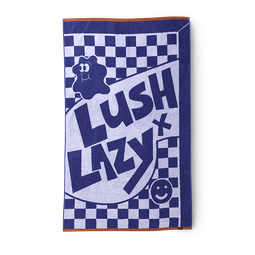 A lush x Lazy bath towel, navy blue and white checkered pattern with wash buddy and bubbly buddy designs on it.