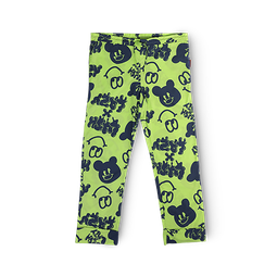 A Light bright green pair of pyjama trousers with dark navy blue Lazy Oaf smiley designs on it.