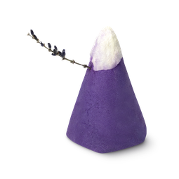 A French Kiss. A deep purple, cone shaped bubble bar, topped with a white cap and a dried sprig of lavender. 