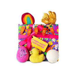 A Very Happy Lush Easter, a purple square box with multicoloured easter illustrations, pink ribbon and yellow rectangular tag.