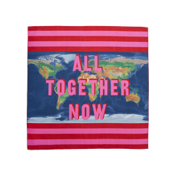 All Together Now Knot Wrap, A world map, bordered with pink/red stripes, the words 'All Together Now' written in pink overlaid.