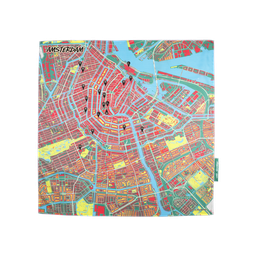 Amsterdam Splash Map, a colourised map of Amsterdam city centre, with some landmarks named and highlighted.