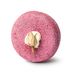 Angel Hair. A rosy pink, circular solid shampoo bar, complete with a dried rosebud in its centre.
