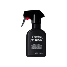 A spray bottle containing Avocado Co-Wash body spray, made of opaque black Lush plastic.