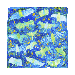 Bat Mates Knot Wrap, a blue and green scattering of bats on a blue background filled with stars.