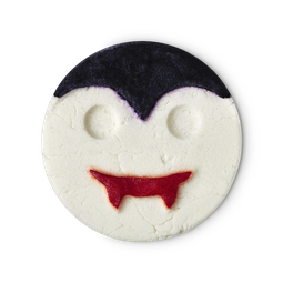 Bubble Lugosi bubble bar, a white vampire face, with red mouth and teeth, and black hair.