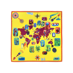 Buying Map Knot Wrap, a yellow and red world map, with illustrations of ingredients pointing to countries where they're sourced.