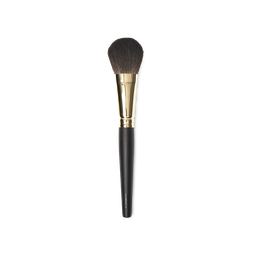 Cheek To Cheek Brush. A blusher brush, with tapered brown bristles and a gold and dark wooden handle.