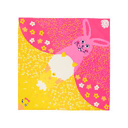 Chirpy Chirpy Hop Hop, a square knot wrap with half being a yellow chick, half a pink bunny.