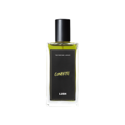 A glass perfume bottle filled with lime green liquid. A black label reads 'The Perfume Library' and 'Confetti'.