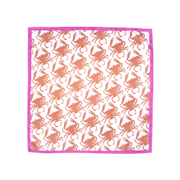 Consortium of Crabs Knot Wrap, orange crabs lined up on a white background, on a square pink bordered Knot Wrap.