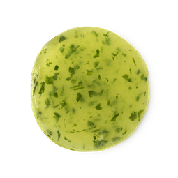 Cucumber Eye Pad. A bright, lime green, dewy, circular jelly-like eye mask, flecked with fresh cucumber skin.