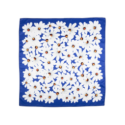 Daisy Knot Wrap, white daisies cover a blue background on this square Knot Wrap.