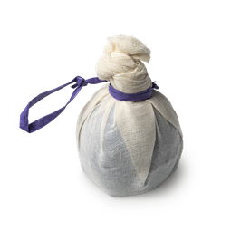 Deep Sleep. A round, purple bath bomb, beautifully wrapped in muslin tied in a knot and secured with a purple tie.