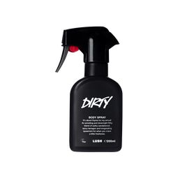 A spray bottle containing Dirty body spray, made of opaque black Lush plastic.