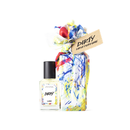 Dirty. A perfume bottle, wrapped in an artistic white, blue, yellow, orange and red knot wrap, complete with a brown gift tag.