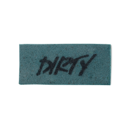 A teal blue, rectangular washcard, consisting of apple pulp, with 'Dirty' written across it in black Lush writing.