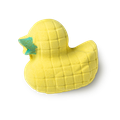 Disco Duck bath bomb, a yellow 3D duck shaped bath bomb, with green beak and straight lines over to look like a disco ball. 