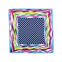 Dotty Knot Wrap, white polka dots on a square navy background, surrounded by pink, red, yellow green and blue lines.