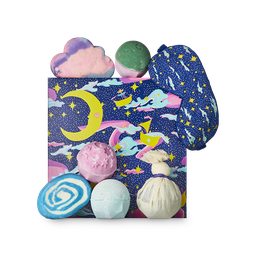 Dreamland gift, pastel pink and blue clouds scatter over a dark blue night sky with yellow stars and moon on a square gift box.