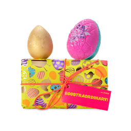 Eggstraordinary! Rectangular gift. Gold, spotty, striped eggs and hens on yellow backdrop, orange cord and pink rectangular tag.