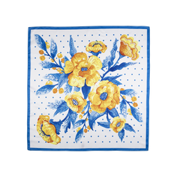 Emma Knot Wrap, yellow flowers with blue leaves decorate this white Knot Wrap, with blue polka dots surrounding it. 