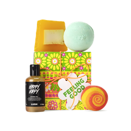 Feeling Good. A square box, printed with a striped floral design in citrus colours, tied with orange cord and a white gift tag.