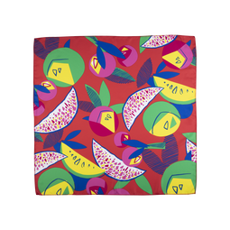 Fruit Bowl Knot Wrap, stylised illustrations of whole and sliced fruit in bright yellows, greens, yellows and reds.