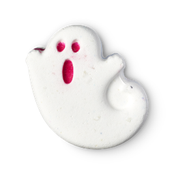 Ghostie bath bomb, a white ghost, with two hands and a tail, with a ghoulish facial expression, red eyes and mouth.