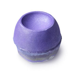 Goddess. A shimmering purple bath bomb, round with a concave carving out of the top. Its base is layered with lilac and grey.