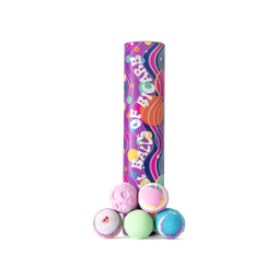 Great Balls of Bicarb. A reusable tube decorated in a multicoloured paper casing, with the name of the gift in silver writing.