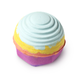 Groovy Kind of Love. A round bath bomb with ridged layers of baby blue, yellow, orange, pink and purple, creating a rainbow.