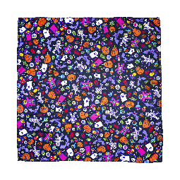 Happy Halloween Knot Wrap, a scattering of pumpkins, mummies, bats and ghosts on a dark purple background.