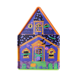 Haunted House Tin, a purple gifting tin with orange and green halloween house designs.