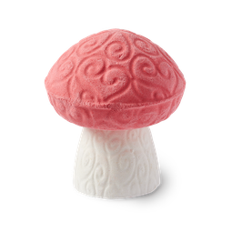 Human-Human Fruit. A mushroom-shaped, red and white bath bomb with swirls. Based on the devil fruit from One Piece.
