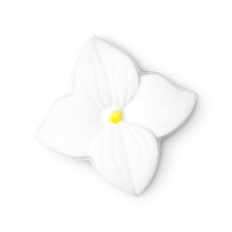 Jasmine. A pure white bath bomb in the shape of a flower, with 4 equal petals and a yellow tapioca pearl in the centre. 