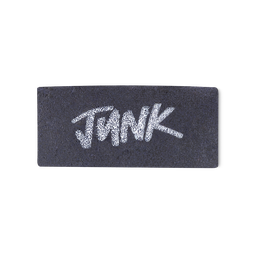 An indigo, rectangular washcard, consisting of apple pulp, with 'Junk' written across it in silver Lush writing.
