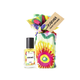 Pansy. A perfume bottle, wrapped in a colourful, floral painted knot wrap, complete with a brown gift tag. 