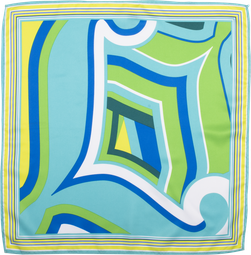 L For Lush Knot Wrap, a bright and bold capital 'L' in yellows, blues and greens is centred on this square wrap.