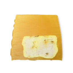 Lemon Zest. A bright yellow, smooth, trapezium shaped soap, with a creamy section in its core, and bumps along its left side.