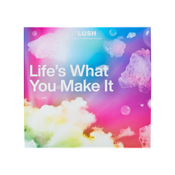 Life's What You Make It, vinyl record cover, featuring the sun emerging from behind clouds and patches of bubbles and bath foam.