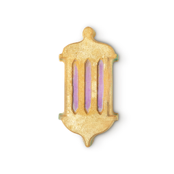 Light The Night, a bath bomb in the shape of a golden lantern, with pale purple "light" coming from within.