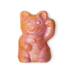 Lucky Cat Bubble Bar. Traditional Asian Lucky cat shaped with its left arm raised. It is orange with a pink, shimmery coating.