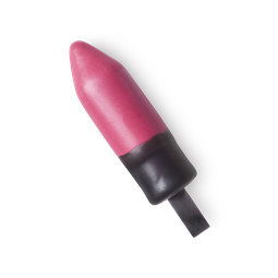 Manta. A vibrant, bubblegum pink lipstick refill, protected by a wax outer layer, which features a tab for easy removal.