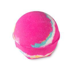 Marshmallow World. A round, sugary pink bath bomb, with yellow, white and crystallised dusty blue swirls.