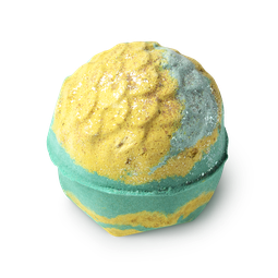 Melusine. A round bath bomb, with yellow, aquamarine and turquoise shades, with a scallop pattern and large pieces of glitter.