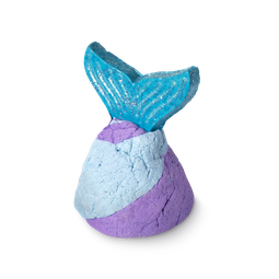 Mermaid Tail Bubble Bar. Shaped like a purple and blue swirled fish tail with a blue fin at the top.