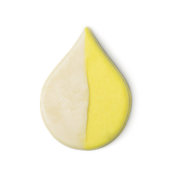 Minamisoma. A teardrop shaped solid shower oil, split vertically into a cream side and a pale yellow side.