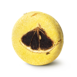 Montalbano. A bright yellow, circular solid shampoo bar, with a quarter slice of lemon pressed into the top.
