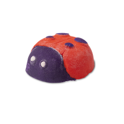 Ladybird. A red bubble bar in the shape of a cute ladybird with a purple face, white eyes and purple spots on its closed wings.